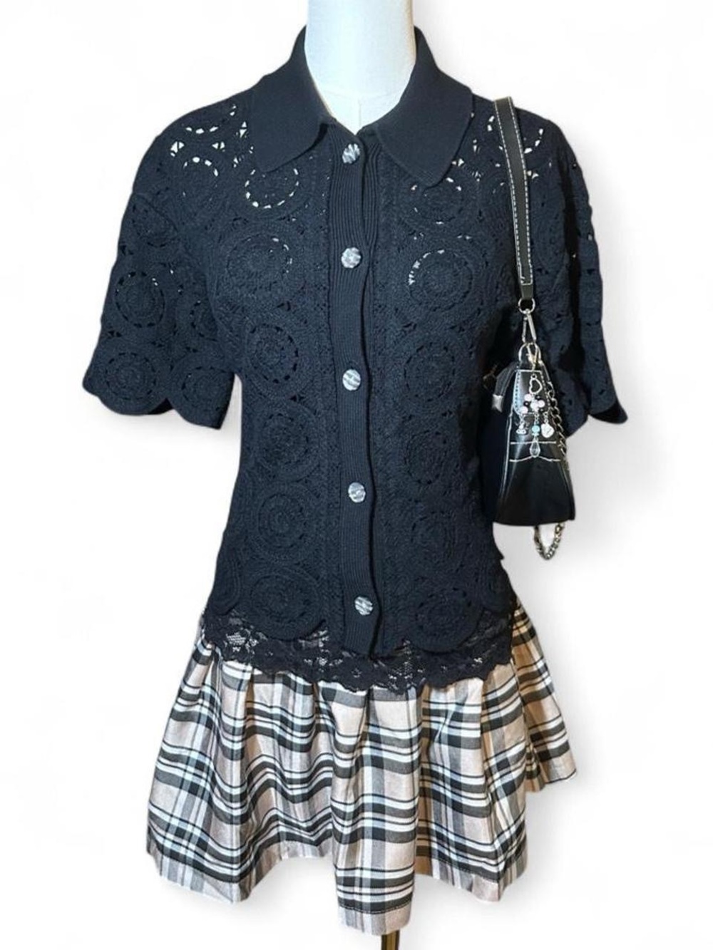 A&F Black Crochet Button-Front Short Sleeve Cardigan Academia Preppy Cottagecore